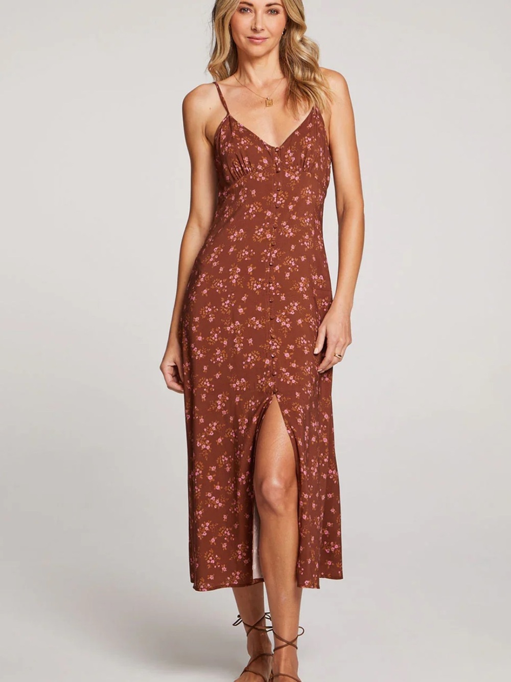 saltwater LUXE Brown Floral Slip Midi Dress with Front Slit XS